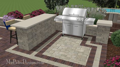 Gorgeous Bar + Grill Station Combo for Grills up to 60” Wide.  Easy Stack and Glue Installation.  Download Installation Plans at MyPatioDesign.com Steak Ideas, Grilling Steak, Patio Blocks, Outdoor Grill Station, Patio Grill, Outdoor Kitchen Countertops, Outdoor Kitchen Bars, Outdoor Kitchen Plans, Grill Station