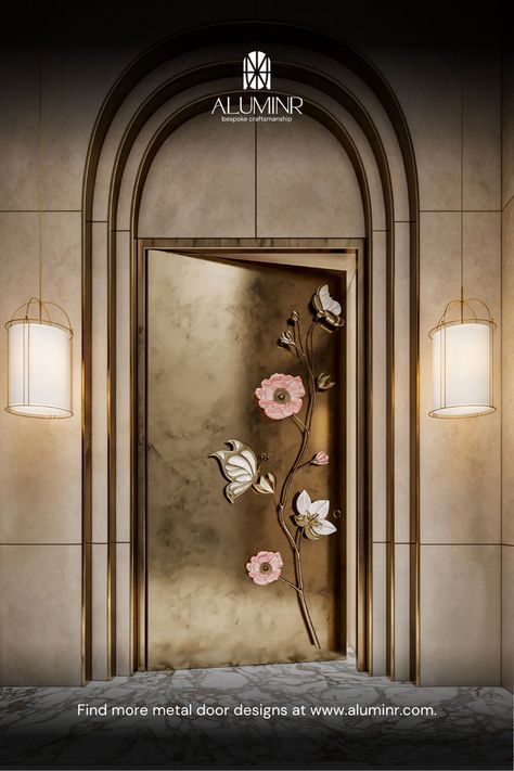 At Aluminr, every door tells a story—a story woven from threads of tradition, artistry, and unrivalled craftsmanship. Our legacy is not just in creating doors but in celebrating and elevating the art of metalwork, making each piece a testament to elite craftsmanship and cultural heritage. #luxury #homedecortips #design #poojaroom #indianarchitecture #livingspace #unique #aesthetic Metal Door Entryway Entrace Luxury Brass Handle Copper Aesthetic Interior Design Home Decor Serene Antique Customize Wedding Haul, Copper Aesthetic, Earthy Interior, Front Door Ideas, Metal Front Door, Grill Gate Design, Metal Doors Design, Main Entrance Door Design, Luxury Door