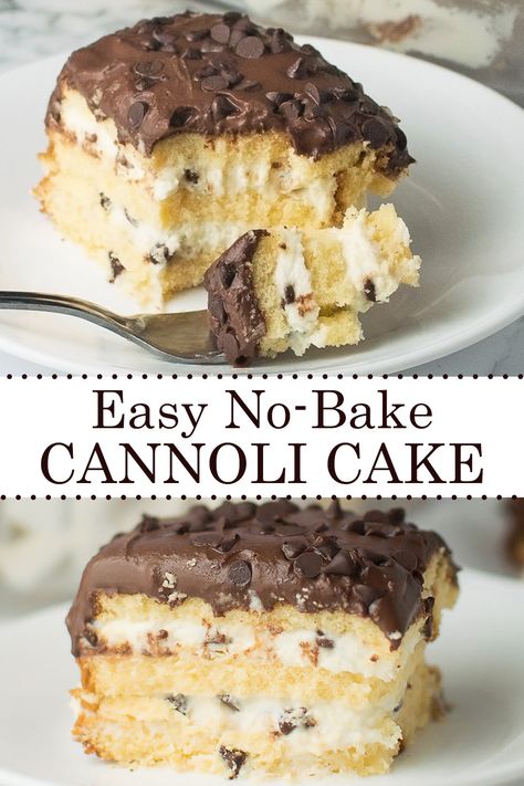 Cannoli Cheesecake Pie, Good Easy Desserts 3 Ingredients, Easy No Bake Cannoli Cake, Cannoli Ice Box Cake, Chocolate Chip Cannoli Cake, Easy Dessert Cakes, Easy Weekend Dessert, Sweet Things To Eat, Baking Recipes Fancy