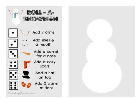 Roll-a-Snowman game (with printable.) This looks like it would be fun for most age groups and a little different. Ltc Activities, Classroom Olympics, Roll A Snowman, Snowman Activities, Snowman Printable, Snowman Games, Snowmen Activities, Snowman Party, Kitty Party Games