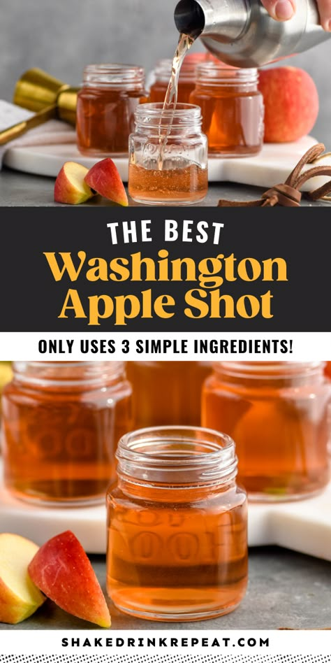 The Washington Apple Shot is a whiskey drink with a punch of sour apple and sweet-tart cranberry. This fabulous shot recipe is easy to make with an equal ratio of just three ingredients. Apple Shots Alcohol, Washington Apple Cocktail, Carmel Apple Shots Recipes, Washington Apple Shot Recipe, Fall Shot Recipes, Apple Whiskey Drinks, Fall Shots Alcohol Drink Recipes, Fall Shots Alcohol, Whiskey Shooters