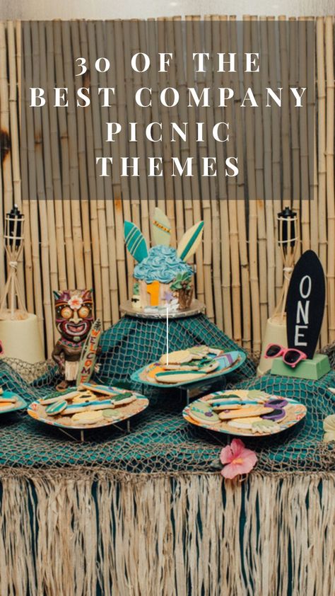 Picnic Theme Ideas For Adults, Fun Themed Parties For Adults Summer, Picnic Party Themes, Themed Bbq Ideas Summer Parties, Staff Picnic Ideas, Picnic Theme Party Ideas, Corporate Bbq Ideas Company Picnic, Office Picnic Ideas, Summer Picnic Theme Party