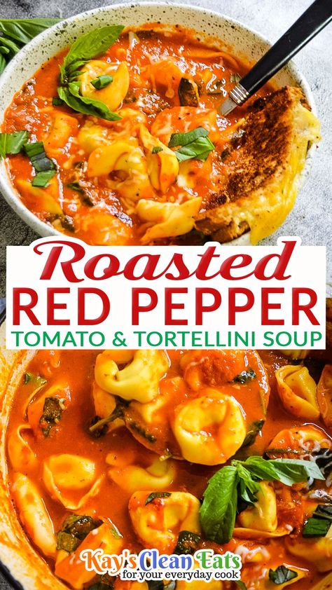 Roasted Red Pepper Tomato and Tortellini soup is one you will want year-round! This is an easy recipe that feels so cozy and brimming with flavor. Thanks to canned tomatoes you can enjoy this soup year round! This Roasted Red Pepper & Tomato Soup with Tortellini reminds me so much of childhood!! My mom would make this with warm gooey grilled cheese for us to dunk. I’m getting hungry just talking about it! | @kayscleaneats Soup With Roasted Tomatoes, Tomato And Pepper Recipes, Red Pepper Tortellini Soup, Tomato Tortellini Soup Instant Pot, Roasted Tomato Tortellini Soup, Soup With Tomato Sauce, Roasted Red Pepper Tortellini Soup, Tomato Soup Casserole, Tomato Soup With Pasta