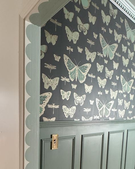 Scallop Wainscoting, Kids Room Door Design, Scalloped Doorway, Scalloped Board And Batten, Scalloped Door Frame, Marceline Room, Scalloped Paneling, Scallop Wall, Teen Bedrooms