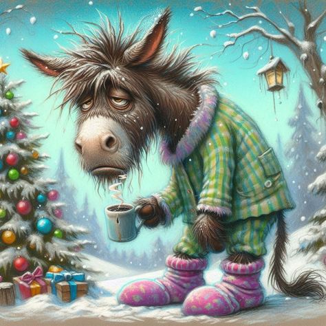 Albizia Julibrissin, Christmas Donkey, Bah Humbug, Cute Animal Illustration, Art Embroidery, Merry Christmas To All, Donkeys, Animal Cards, Embroidery Craft