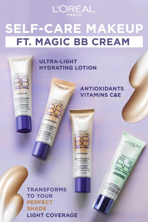 Working from home? Staycationing? Add some self-care to your makeup routine with the L'Oréal Paris Magic BB Cream. It infuses encapsulated pigments in an ultra-light, hydrating lotion that evens your skin tone with light coverage and uses antioxidants vitamins C and E to nourish your skin all day long. Magic Bb Cream Loreal, Loreal Magic Bb Cream, L’oréal Bb Cream, Loreal Bb Cream, Beauty Cabinet, Bb Creams, Paris Makeup, Soft Matte Lip Cream, Light Magic