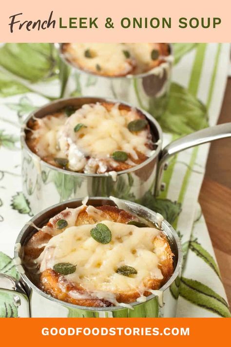 Leek onion soup is a hearty early spring meal, made even better by sweet and tender leeks left to overwinter outside. #onionsoup #leeksoup #springsoup #leeks