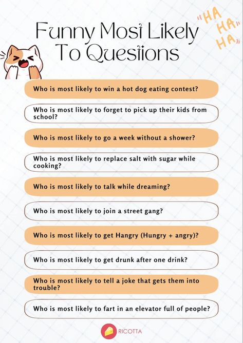 some questions to ask your friend or group! Who's Most Likely To Questions, Most Likely To Questions, School Couples, Questions For Couples, Fun Icebreakers, Questions For Friends, Wake Ideas, Sleepover Games, Question Game