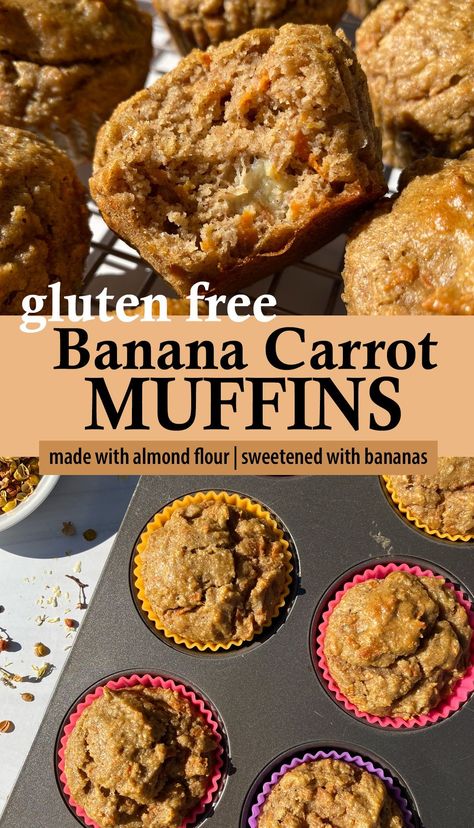 These gluten free banana carrot muffins are moist and tender, but only sweetened with bananas and completely oil free. They're made with almond flour, loaded with freshly shredded carrots and flavored with warming spices like cinnamon and ginger. This banana carrot muffin recipe is gluten free, dairy free and paleo friendly. Grain Free Banana Recipes, Almond Flour Banana Carrot Muffins, Aip Banana Muffins, Gluten Free Muffins Almond Flour, Banana Carrot Muffins Healthy, Paleo Muffins Almond Flour, Gluten Free Carrot Muffins, Paleo Muffin Recipes, Healthy Carrot Muffins