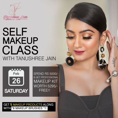 Self Makeup Class Cherish an Opportunity to Avail Hands-On Training from a Leading Beauty Industry Expert For Tanushree Jain, makeup is a passion and an obsession. With our Self Makeup Class in Gurgaon, we welcome you to be a part of our magic! 👉Get to Know More about Tanushree Jain on – www.tanushreejain.in 👉For Consultation: ☎+91- 9818870341 #bridalmakeup #makeup #weddingmakeup #engagementmakeup #bride #bridalmakeupartist #bridalmakeupartistdelhi #beauty #beautiful #BlockbusterBride #bride Makeup Class Poster Design, Make Up Classes, Class Poster Design, Self Makeup, Beauty Salon Price List, Makeup Poster, Makeup Classes, Professional Makeup Kit, Salon Price List