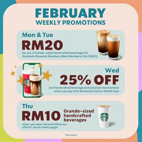 Experience the warmth of Starbucks this February with weekly promotions on your favorite drinks and merchandise. From exclusive discounts to bonus stars, enjoy a delightful lineup of offers every week. Check out the details and make your Starbucks moments even more special! Starbucks Social Media, Starbucks Promotion, Peppermint Mocha Frappuccino, Starbucks Malaysia, Green Tea Cream, Mocha Frappuccino, Mailer Design, Starbucks Store, Starbucks Rewards