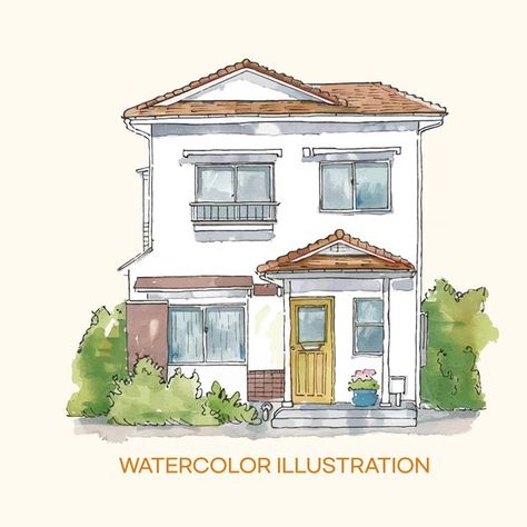 A watercolor painting of a house with a ... | Premium Vector #Freepik #vector #illustrations #watercolor #house-plan #watercolor-illustration Painting Of A House, Watercolor House, Brown Roof, House Clipart, Building Illustration, Charleston Homes, House Sketch, Gnome House, House Illustration