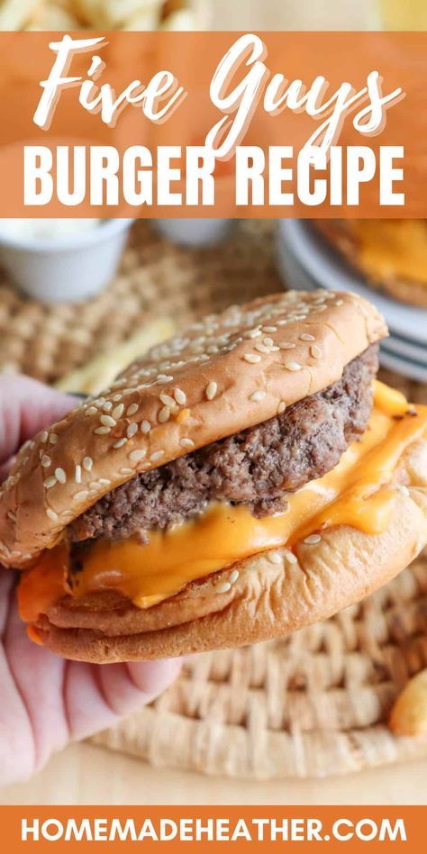 Indulge in the ultimate homemade Five Guys burgers with this copycat recipe. Juicy, flavorful, and topped with melty cheese - a taste bud triumph! Season Hamburger Meat, Copycat 5 Guys Burger, Best Cheese Burger Recipe, Hardee's Frisco Burger Recipe, The Best Burger Recipe, Best Hamburgers Recipe, Cheese Burgers Recipes, Juicy Burgers On The Stove, Best Burgers Recipes