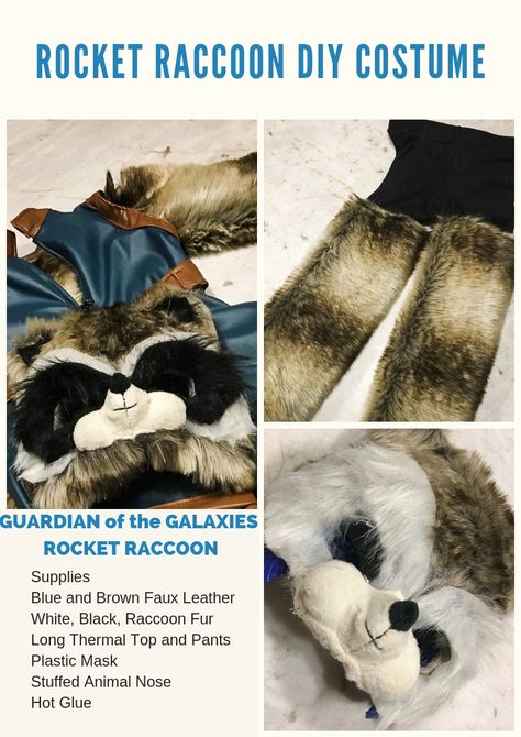 Rocket Raccoon DIY Costume.  It's a  simple to sew jumpsuit with separate fake fur on long thermal pants and top.  The mask is easy fake fur hot glued to a plastic mask. Groot And Rocket Costume, Diy Raccoon Costume Kids, Rocket Costume Guardians Of The Galaxy, Rocket Raccoon Costume Diy, Racoon Costume, Sew Jumpsuit, Rocket Raccoon Costume, Rocket Raccoon Plush, Groot Costume