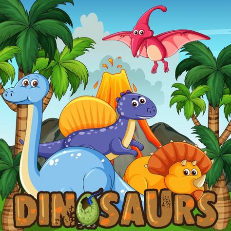 Una caricatura de dinosaurios. Vector Pr... | Premium Vector #Freepik #vector #fondo #arbol #caracter #dibujos-animados Dinosaur Images, Dinosaur Illustration, Dinosaur Activities, Dinosaur Theme Party, Type Illustration, Kids Coloring Book, Forest Illustration, Dinosaur Coloring, Dinosaur Theme