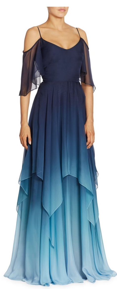 Blue Ombre Dress, Long Chiffon Evening Dress, Ombre Clothes, Ombre Gown, Gowns Blue, Cold Shoulder Gown, Blue Chiffon Dresses, Blue Evening Gowns, Blue Ball Gowns