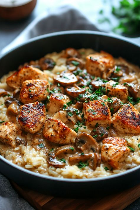 One Pot Chicken & Mushroom Rice One Pot Mushroom Chicken And Rice, Chicken Sausage Risotto, One Pot Chicken Mushroom Rice, Chicken Mushroom And Rice Recipes, Mushroom Risotto With Chicken, Chicken Mushroom Rice Bake, Rissoto Chicken Recipes, Chicken Mushrooms And Rice, Instapot Chicken And Rice