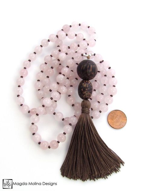 Mala Beads Diy, Rose Quartz Mala, Mala Jewelry, Mala Bead Necklace, Dainty Diamond Necklace, My Jewelry, Tassel Jewelry, Brown Silk, Purple Silk