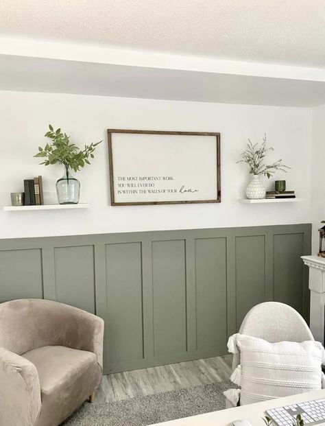 Sage Green Wainscoting, Bathroom Paint Inspiration, Green Wainscoting, Light Green Nursery, Green Nursery Boy, Wainscoting Nursery, Sage Green Living Room, Half Painted Walls, Living Room Panelling