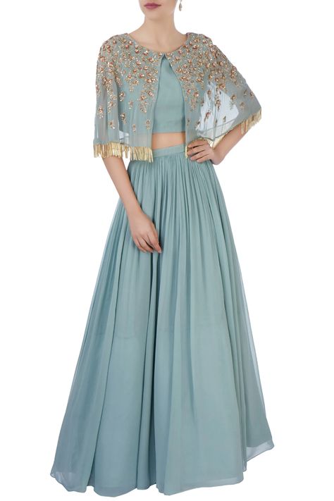 Buy Aneesh Agarwaal Grey cape with pleated lehenga Online | Aza Fashions Diwali Design, Embroidered Cape, Lehnga Dress, Lehenga Blouse Designs, Indian Gowns Dresses, Indian Gowns, Party Wear Indian Dresses, Stylish Dress Book, Stylish Dresses For Girls