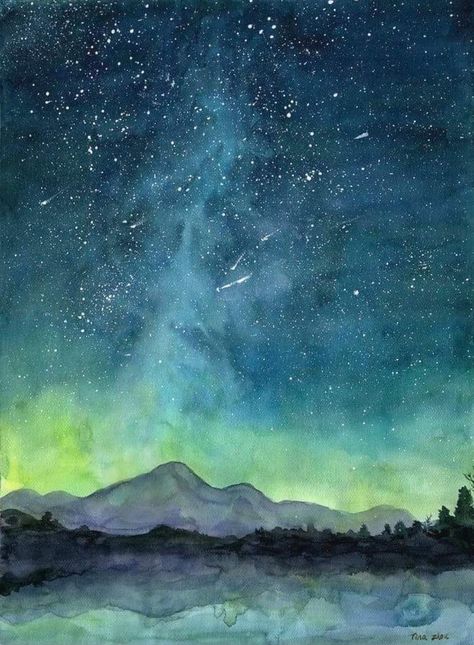 Tina Zhou Drawings With Watercolor, Starry Night Watercolor, Night Watercolor, Watercolor Night Sky, Watercolor Art Diy, Watercolor Art Landscape, Starry Night Painting, Watercolor Art Journal, Watercolor Sky