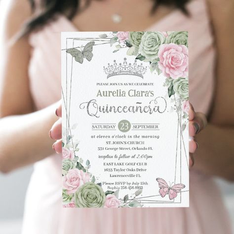 Sage Pink Floral Butterflies Silver Quinceanera Invitation #zazzle #weddinginvitations #birthdayinvitations #babyshowerinvitations #zazzleinvitations #monogram #businesscards #graduation #homedecor Sage Green And Pink Quinceanera Dresses, Pink And Sage Green Quinceanera, Girly Invitation, Invitations Quinceanera, Sage Green Flowers, Green Quince, Quinceañera Invitation, Silver Butterflies, Sage Pink