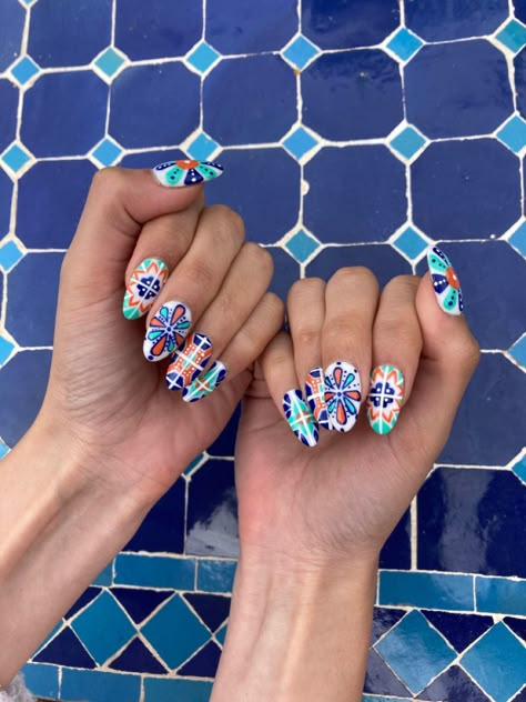 Colombia Inspired Nails, Morocco Inspired Nails, Spanish Tile Nail Art, Mexican Tile Nail Art, Moroccan Nails Design, Blue Tile Nails, Corfu Nails, Tile Inspired Nails, Intricate Nail Art