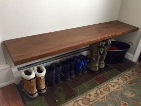 Entryway Floating Bench, How To Build A Floating Bench, Floating Entry Bench, Floating Bench Entryway, Floating Bench Seat, Ski Mudroom, Wood Bench Design, Mudroom Entry, Mudroom Addition