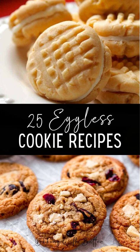 A selection of 25 delicious eggless cookie recipes, so there is something for everyone! Whether you’ve run out of eggs or are baking eggless cookies for someone with egg allergies. Here are 25 delicious eggless cookie recipe ideas to choose from! Healthy Cookies No Eggs, Eggless Cookie Recipes Baking, Eggless Healthy Cookies, Eggless Biscuits Recipe, Eggless Cookies Recipes Egg Free, Egg Free Christmas Cookies, Eggless Cookies Recipes, Eggless Dessert Recipes, Cookie Recipes Without Eggs