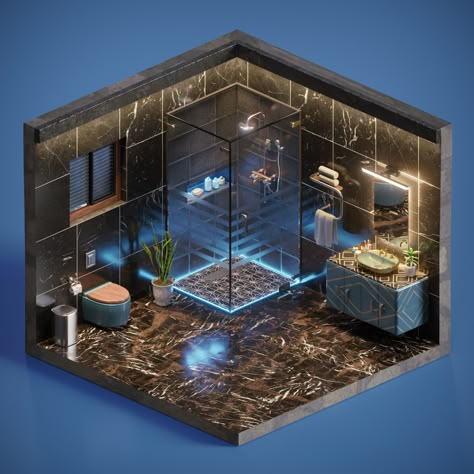 ArtStation - Modern Luxury Isometric Bathroom - Blender work Isometric Bathroom, Isometric Room, Cool Room Designs, 3d Room, Boy Bedroom Design, House Floor Design, 3d Interior Design, Architect Design House, Isometric Art