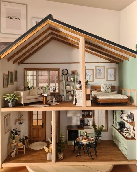 Mini Model House, Dollhouse Redo Inspiration, Modern Dollhouse Interior, Doll House Design Ideas, Renovated Dolls House, Dolls House Renovation, How To Make A Mini House, Wood Doll House Diy, Modern Dolls House Interiors