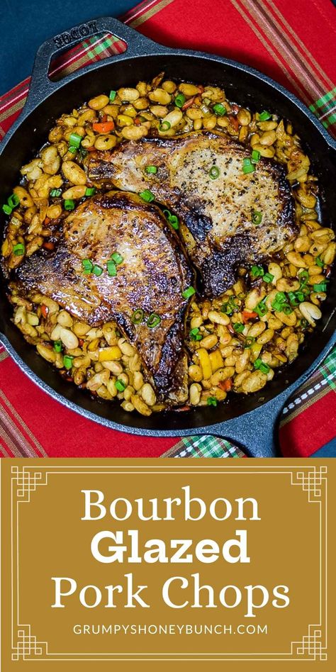 Delicious Pork Chops, Glazed Pork Chops Recipes, Meal For Two, Bourbon Glaze, Glazed Pork Chops, Easy Skillet Meals, Glazed Pork, Juicy Pork Chops, Pork Glaze