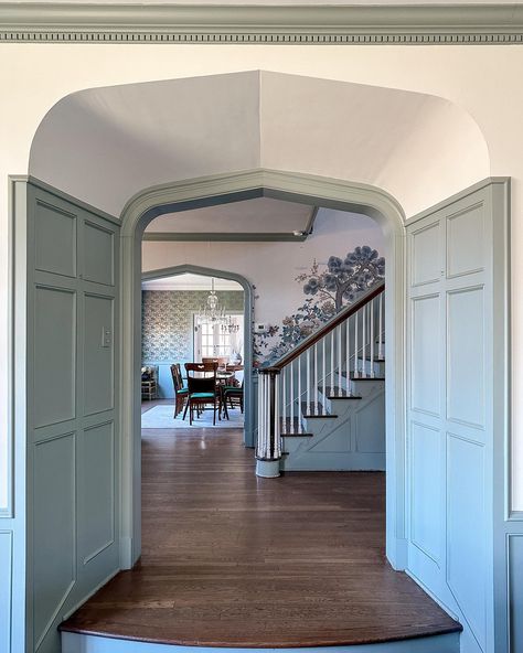 Architectural details… the little elements that make a home feel complete. Which is your favorite? 1 Decorative stair bracket 2 Tudor arch and curve of the stair railing 3 Fireplace and wainscoting 4 Tudor tunnel (that’s what I’m calling it), decorative paneling and dentil crown molding 5 Wood paneling with built in shelves 6 The Round Room 7 The built in shelves in the Round Room (have you noticed these before? There are two sets) 8 Gingerbread detail on the shelves 9 Arched window in t... Tudor Paneling, Tudor Arch, Dentil Crown Molding, Round Room, Stair Brackets, Faux Wall, Curved Wall, Faux Walls, Knee Wall