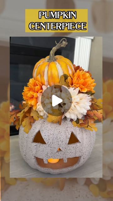 Rosa Enid on Instagram: "Pumpkin Centerpiece 🎃🍂

This DIY is super easy and fun to do! My favorite part is that you can customize the color to match the rest of your home decor! 

I spray painted the pumpkin with the Smokey beige color as a primer. Once that dried, I used a stone texture spray paint. 

Then I added a floral foam block at the top and added my stems and flowers. I also put an led candle inside the pumpkin. ☺️

#pumpkindiy #halloweendiy #fallcenterpiece #pumpkincrafts #fallideas #fallcrafts" Textured Spray Paint, Foam Blocks, Pumpkin Centerpieces, Diy Pumpkin, Floral Foam, Stone Texture, Fall Centerpiece, Pumpkin Crafts, Led Candles