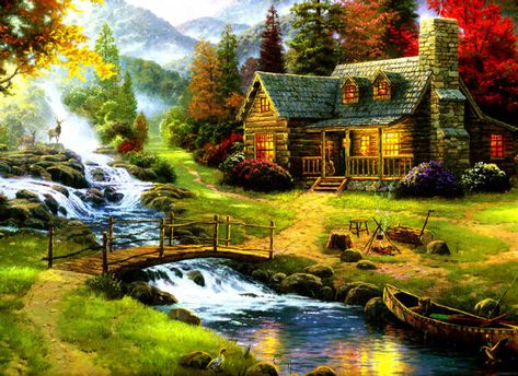 Download forest, nature, deer Wallpaper | Wallpapers.com Thomas Kinkade Cottage, Thomas Kinkade Art, Thomas Kinkade Paintings, Kinkade Paintings, Colorful Cottage, Cottage Art, A Cabin, Thomas Kinkade, Painting Kits