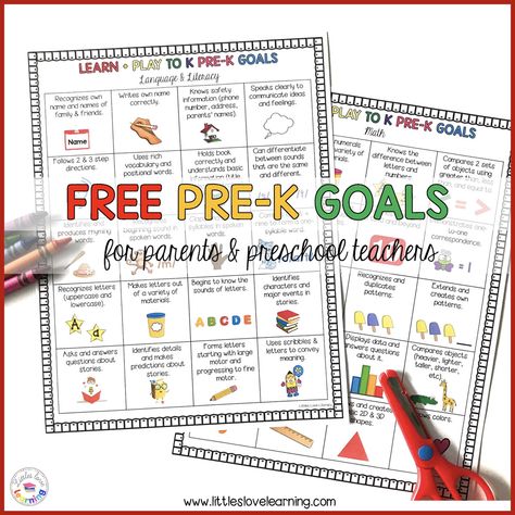 FREE printable pre-k goals sheets for literacy and math. Includes 20 important literacy goals and 20 math goals for preschool and pre-k students to focus on before kindergarten. Great reference for parents and preschool teachers to print and use to get their students kindergarten ready! Aligned with the Arizona Early Learning Standards. #preschool #prek #kindergartenreadiness Prek Goals, Preschool Assessment Forms, Kindergarten Goals, Pre K Curriculum, Preschool Assessment, Play Quotes, Homeschool Preschool Curriculum, Prek Classroom, Preschool Teachers