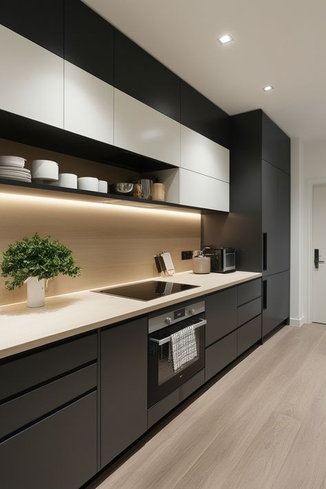 Love Modern Smart Home Interior, Two Tone Kitchen Cabinets Small Space, Kitchen Dark Cabinets Light Countertops, Kitchen Ideas Contemporary, Latest Kitchen Designs Modern, Small Contemporary Kitchen, Small Kitchen Ideas Modern, Principles Of Interior Design, Small U Shaped Kitchens