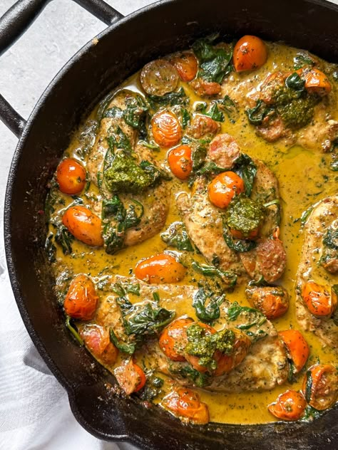 Creamy Pesto Chicken with Roasted Tomatoes & Spinach Chicken With Roasted Tomatoes, Pesto Chicken Recipes, Sammy Montgoms, Creamy Pesto Chicken, Ricotta Stuffed Chicken, Pesto Spinach, 20 Minute Dinners, Digital Cookbook, 2024 Recipes