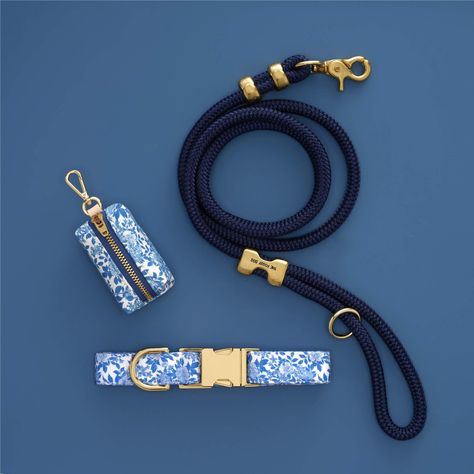 Collar Walk Set, Blue Roses - M / Petite 5ft Dog Collar Pattern, Florist Tools, The Foggy Dog, Marine Rope, Rosé Dog, Rope Leash, Daily Walk, Natural Fabric, Blue Roses