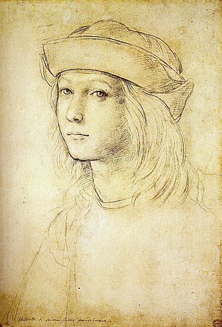 Raphael, age 13, self portrait using a technique (I think) called silver etching? Details aside, a nicely proportioned self portrait, simple yet captures the face. Self Portrait Drawing, Master Drawing, Italian Painters, Portrait Sketches, Random Art, Caravaggio, Classical Art, Rembrandt, Famous Artists