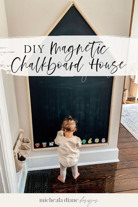 When I started designing our daughter’s playroom I came across an image of these large house-shaped chalkboards. We had the perfect spot for one and it was a great way to fill the empty space with a decorative and practical wall decor piece. This magnetic chalkboard house would be the perfect diy Christmas gift and it's so fun to make too! In this post, I am sharing a detailed step-by-step on how we created our own DIY magnetic chalkboard house and how you can too. Magnetic Playroom Board, Chalkboard Paint Playroom, Magnet Chalkboard Wall, Home Diy Inspiration, How To Do A Chalkboard Wall, Playroom Magnetic Chalkboard, Magnetic Board For Playroom, Playroom Chalk Wall, Diy Blackboard Wall