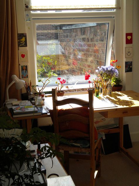 Desk By A Window, Desk By Window Bedroom, Desk Ideas Window, Desk In Front Of Window Aesthetic, Desk In Window, Desk At Window, Small Art Desk, Window Desk Ideas, Desk Near Window