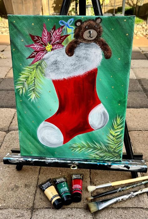 Christmas Stocking Painting, Stocking Painting, Festival Paint, Holiday Canvas, Christmas Canvas Art, Watercolor Workshop, Christmas Tree Truck, Stuffed Bear, Painting Canvases