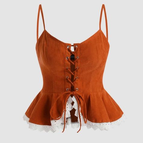 Full Lace Up Vibrant Burnt Orange Ruffle Top With Lace Trim Perfect Fall Colors Great For Any Occasion Fall Fairy Costume, Orange Ruffle Top, Cottagecore Tops, Orange Top Outfit, Billie Eilish Concert Outfit, Cider Tops, Top Halloween Costumes, Burnt Orange Top, Lacey Tops