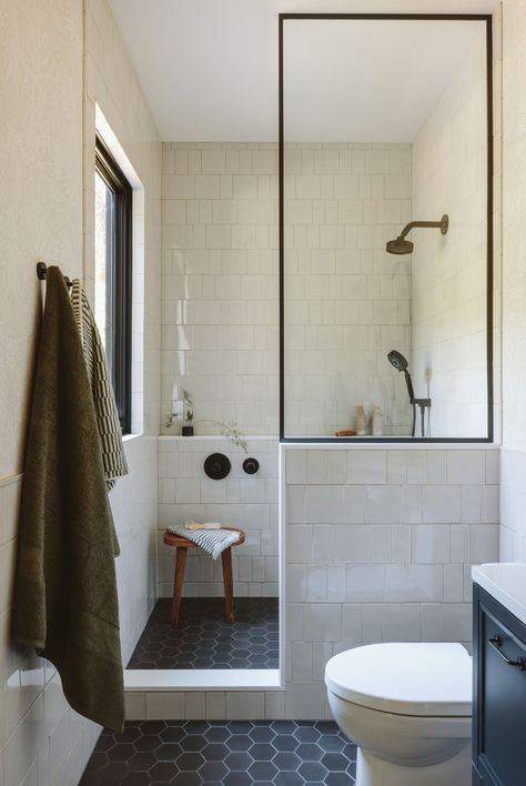 My Brother's River House Guest Bath Reveal (+ Are Pony Walls Back?) - Emily Henderson 5x8 Bathroom With Tub, Tiled Pony Wall Bathroom, Tiniest Bathroom Ideas, White Walls Black Floor Bathroom, Bathroom Remodel Square Room, Pony Wall Bathroom Ideas, No Tub Master Bath Remodel, Small Bath Inspiration, Bathrooms With Pony Walls