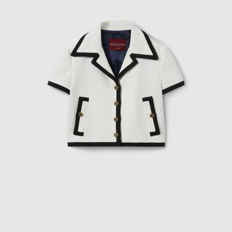 Italian Coast, Gucci Jacket, Beach Clubs, Gucci Outfits, Short Sleeve Jacket, Pre Fall Collection, Pre Fall, Black Trim, Tweed Jacket