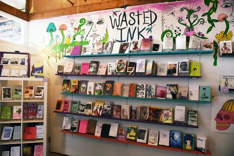 Wasted Ink Zine Distro - Home Zine Library Display, Zine Collection Storage, Zine Displays, Zine Collection, Zine Library, Bookstore Design, Organizing Solutions, Library Art, Book Letters