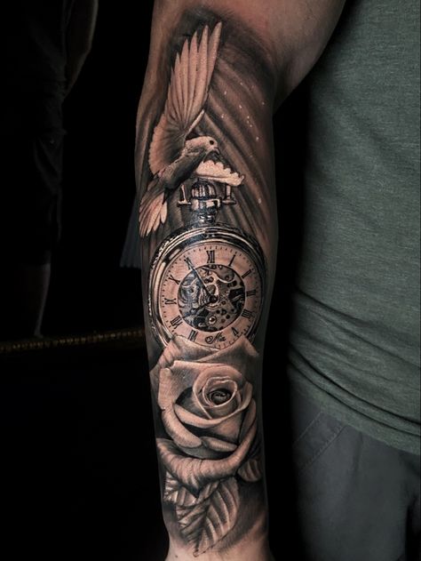 Pocketwatch, Rose, Dove Tattoo Design Rose And Watch Tattoo, Rose Clock Tattoo Design, Pocket Watch Tattoo Design, Watch Tattoo Design, Rose Clock, Dove Tattoo Design, Pocket Watch Tattoo, Dove Tattoo, Clock Tattoo Design