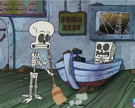 Spongebob And Squidward, Spongebob Halloween, Spongebob Pics, Spongebob Funny, Spongebob Wallpaper, A Skeleton, Halloween Icons, Spongebob Memes, Halloween Cartoons