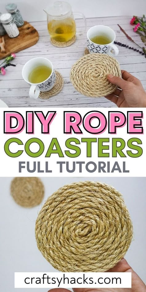 Rope Coasters, Craft Nights, Diy Coaster, Twine Diy, Diy Rope Basket, Rope Projects, Coaster Crafts, Rope Diy, Kitchen Craft